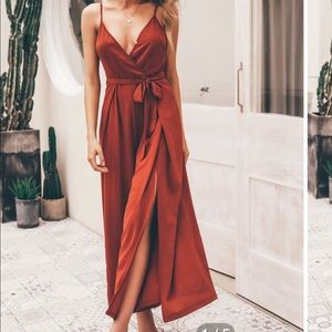 “Simple split thigh belted slip jumpsuit”